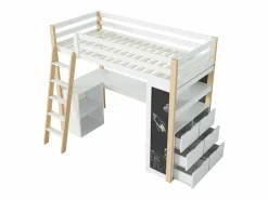 Outlet DripeX Mezzanine Bed with Office - 90 x 200 cm - 6 cajones grandes - cerca y escalera - Madera sólida y MDF - White Blanco