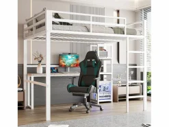 Sale ModernLuxe Mezzanine iluminado 140x200 cm - con escritorio - con puertos USB + Type-C - barandilla - escalera - (sin colchón) Blanco