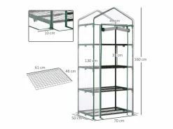 Mini invernadero con estantes, película de PVC resistente, estructura de acero, puerta enrollable, verde (70x50x160cm)