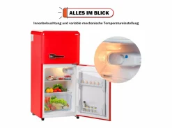 Mini nevera retro, 60 L en total, 22 L en congelador, 38 L en frigorífico, clase energética E, LED, diseño retro, color (88,8 x 45,5 x 42,5 cm)