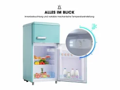 Best Mini nevera retro, 72 L en total, 21 L en congelador, 51 L en frigorífico, Clase energética E, LED, Diseño retro, Cian (45 x 44 x 91 cm) Electrodomésticos De Frío