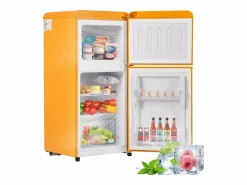 Discount Mini nevera retro, 60 L en total, 22 L en congelador, 38 L en frigorífico, clase energética E, LED, diseño retro, (88,8 x 45,5 x 42,5 cm) Amarillo