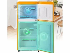 Discount Mini nevera retro, 60 L en total, 22 L en congelador, 38 L en frigorífico, clase energética E, LED, diseño retro, (88,8 x 45,5 x 42,5 cm) Amarillo