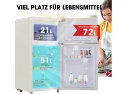 Mini nevera retro, 72 L en total, 21 L en congelador, 51 L en frigorífico, Clase energética E, LED, Diseño retro, (45 x 44 x 91 cm) Blanco