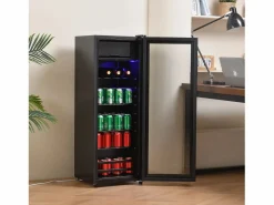 New Mini refrigerador de 128 L, congelador de 8 L + refrigerador de 120 L, 7 niveles de temperatura, LED, R600a, acero inoxidable, (40 x 43,5 x 110 cm) Negro