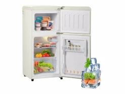 Mini refrigerador de doble puerta, 60 L en total, congelador de 22 L, refrigerador de 38 L, LED, plástico, crema (88,8 x 45,5 x 42,5 cm)