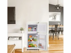Mini refrigerador de doble puerta, 60 L en total, congelador de 22 L, refrigerador de 38 L, LED, plástico, crema (88,8 x 45,5 x 42,5 cm)