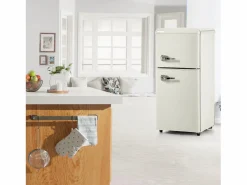 Mini refrigerador de doble puerta, 60 L en total, congelador de 22 L, refrigerador de 38 L, LED, plástico, crema (88,8 x 45,5 x 42,5 cm)