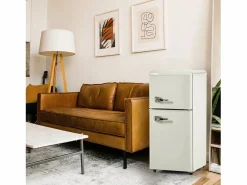 Mini refrigerador de doble puerta, 60 L en total, congelador de 22 L, refrigerador de 38 L, LED, plástico, crema (88,8 x 45,5 x 42,5 cm)