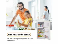 Mini refrigerador de doble puerta, 60 L en total, congelador de 22 L, refrigerador de 38 L, LED, plástico, crema (88,8 x 45,5 x 42,5 cm)