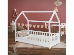ML-DESIGN Cama infantil casa 80x160cm color con protección anticaída y somier mobiliario con estructura de listones madera de pino maciza