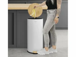 Sale ML-DESIGN Cubo de basura con pedal 30L papelera redonda acabado de acero inoxidable , tapa de bambú con cierre suave para hogar y oficinas Blanco