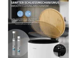 Sale ML-DESIGN Cubo de basura con pedal 30L papelera redonda acabado de acero inoxidable , tapa de bambú con cierre suave para hogar y oficinas Blanco