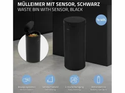 Hot ML-DESIGN Cubo de basura inteligente con sensor de movimiento 40L papelera redonda con apertura y cierre automática de acero con pantalla LED Negro