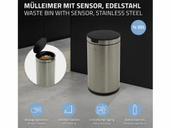 Online ML-DESIGN Cubo de basura inteligente con sensor de movimiento 30L papelera redonda con apertura y cierre automática de acero con pantalla LED Plateado