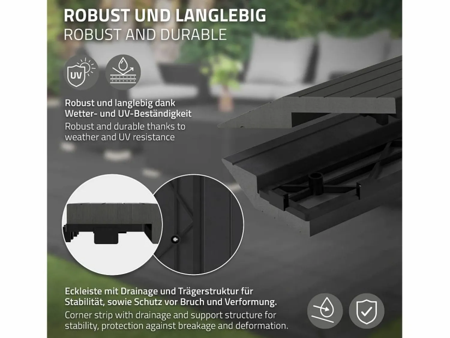 ML-DESIGN Perfil angular de wpc antracita esquina derecha 38x2x7,5 cm borde de remate para baldosas con sistema clic aspecto madera para terraza