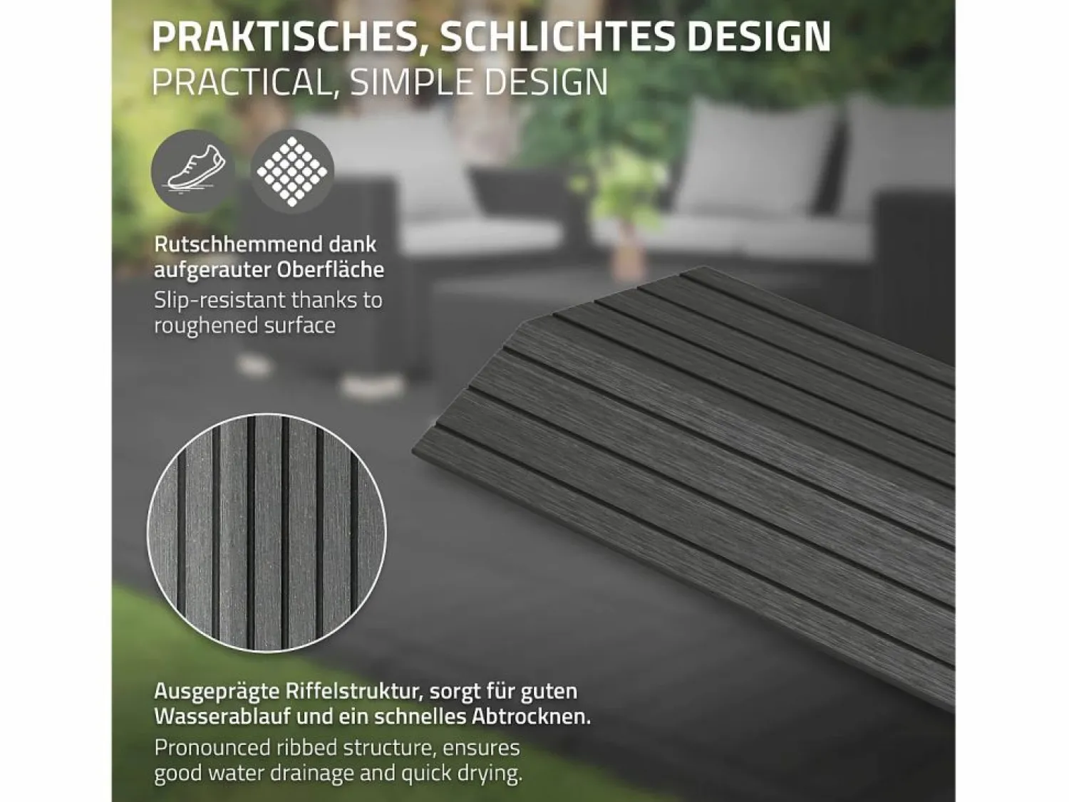 ML-DESIGN Perfil angular de wpc antracita esquina derecha 38x2x7,5 cm borde de remate para baldosas con sistema clic aspecto madera para terraza