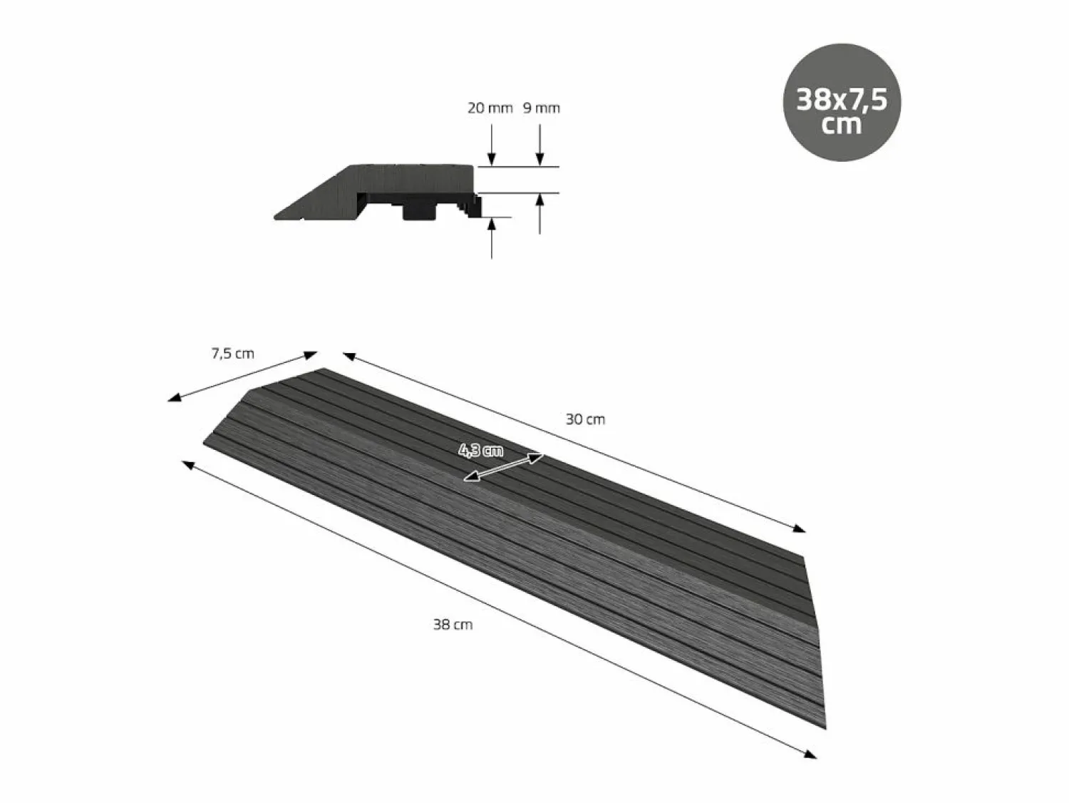ML-DESIGN Perfil angular de wpc antracita esquina derecha 38x2x7,5 cm borde de remate para baldosas con sistema clic aspecto madera para terraza