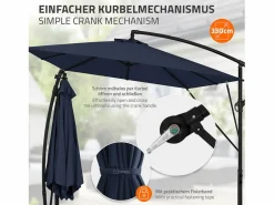 Discount Sombrilla de jardín Ø330cm de aluminio marino parasol volafiza de terraza con soporte, giratoria 360° e inclinable con manivela Sombrilla
