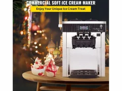 Hot Máquina de Helado Blando SucceBuy, Comercial de Mostrador 2200 W 2 + 1 Sabores, para Restaurantes, Bares, Cafeterías, Panaderías Plateado