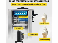 Hot Máquina de Helado Blando SucceBuy, Comercial de Mostrador 2200 W 2 + 1 Sabores, para Restaurantes, Bares, Cafeterías, Panaderías Plateado