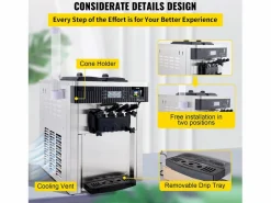 Hot Máquina de Helado Blando SucceBuy, Comercial de Mostrador 2200 W 2 + 1 Sabores, para Restaurantes, Bares, Cafeterías, Panaderías Plateado