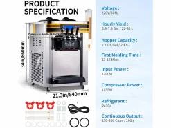 Máquina de Helado Blando SucceBuy, 22-30 L/H, 2200 W, Máquina de Helado Italiano Comercial Tolva 2x6 L Pequeño Electrodoméstico