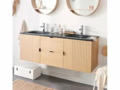 Discount Mueble alto STUDIO de roble doble de 140 cm con encimera de resina Mueble De Baño Con Doble Lavabo