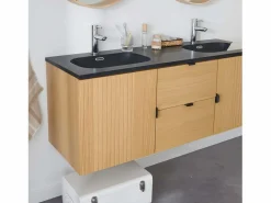 Discount Mueble alto STUDIO de roble doble de 140 cm con encimera de resina Mueble De Baño Con Doble Lavabo