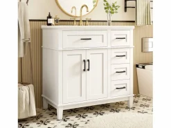 Outlet Merax Mueble bajo lavabo de cerámica individual - 90 x 46 x 87 cm - con 4 cajones + 2 puertas - Cerámica + MDF - Blanco