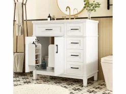 Outlet Merax Mueble bajo lavabo de cerámica individual - 90 x 46 x 87 cm - con 4 cajones + 2 puertas - Cerámica + MDF - Blanco