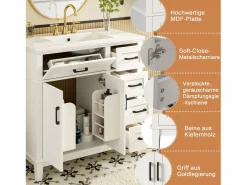 Outlet Merax Mueble bajo lavabo de cerámica individual - 90 x 46 x 87 cm - con 4 cajones + 2 puertas - Cerámica + MDF - Blanco