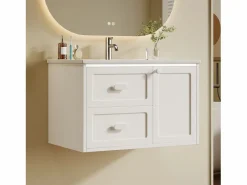 Sale Merax Mueble bajo lavabo suspendido de un seno cerámico - 76 x 46 x 51 cm - acabado lacado - con LEDs + 2 cajones + puerta - cerámica + MDF - Blanco