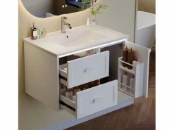 Sale Merax Mueble bajo lavabo suspendido de un seno cerámico - 76 x 46 x 51 cm - acabado lacado - con LEDs + 2 cajones + puerta - cerámica + MDF - Blanco