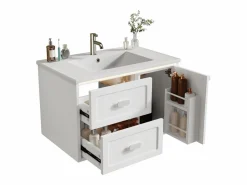 Sale Merax Mueble bajo lavabo suspendido de un seno cerámico - 76 x 46 x 51 cm - acabado lacado - con LEDs + 2 cajones + puerta - cerámica + MDF - Blanco
