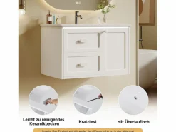Sale Merax Mueble bajo lavabo suspendido de un seno cerámico - 76 x 46 x 51 cm - acabado lacado - con LEDs + 2 cajones + puerta - cerámica + MDF - Blanco