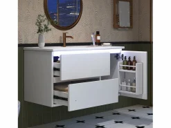 New Mueble bajo lavabo suspendido de un seno cerámico - 91 x 46,5 x 50,5 cm - acabado lacado - con LEDs + 2 cajones + puerta - cerámica + MDF - Mueble De Baño Simple