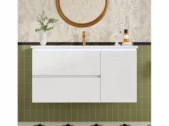 New Mueble bajo lavabo suspendido de un seno cerámico - 91 x 46,5 x 50,5 cm - acabado lacado - con LEDs + 2 cajones + puerta - cerámica + MDF - Mueble De Baño Simple