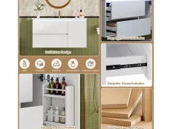 New Mueble bajo lavabo suspendido de un seno cerámico - 91 x 46,5 x 50,5 cm - acabado lacado - con LEDs + 2 cajones + puerta - cerámica + MDF - Mueble De Baño Simple