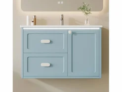 Sale Merax Mueble bajo lavabo suspendido de un seno cerámico - 76 x 46 x 51 cm - acabado lacado - con LEDs + 2 cajones + puerta - cerámica + MDF - Azul