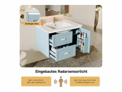 Sale Merax Mueble bajo lavabo suspendido de un seno cerámico - 76 x 46 x 51 cm - acabado lacado - con LEDs + 2 cajones + puerta - cerámica + MDF - Azul