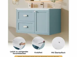 Sale Merax Mueble bajo lavabo suspendido de un seno cerámico - 76 x 46 x 51 cm - acabado lacado - con LEDs + 2 cajones + puerta - cerámica + MDF - Azul