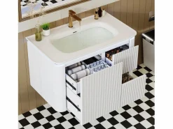 Clearance Mueble bajo lavabo suspendido de cerámica de un seno - 80,5 x 47 x 51 cm - acabado lacado - con LEDs + 3 cajones - cerámica + MDF - Mueble De Baño Simple