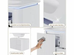 Clearance Mueble bajo lavabo suspendido de cerámica de un seno - 80,5 x 47 x 51 cm - acabado lacado - con LEDs + 3 cajones - cerámica + MDF - Mueble De Baño Simple