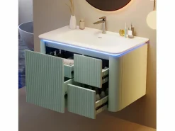 Merax Mueble bajo lavabo suspendido de cerámica de un seno - 80,5 x 47 x 51 cm - acabado lacado - con LEDs + 3 cajones - cerámica + MDF -