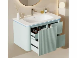Merax Mueble bajo lavabo suspendido de cerámica de un seno - 80,5 x 47 x 51 cm - acabado lacado - con LEDs + 3 cajones - cerámica + MDF -