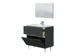 New Mueble baño c/espejo y lavabo cerámico Lotto antracita y roble 80x45x80 cm Mueble De Baño Simple