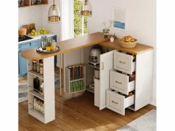 Discount Merax Mueble bar de cocina extensible con ruedas - 135-228 x 39 x 104 cm - con 2 puertas + 3 cajones - MDF + metal - Blanco
