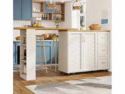 Discount Merax Mueble bar de cocina extensible con ruedas - 135-228 x 39 x 104 cm - con 2 puertas + 3 cajones - MDF + metal - Blanco
