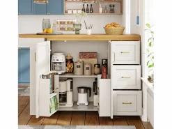 Discount Merax Mueble bar de cocina extensible con ruedas - 135-228 x 39 x 104 cm - con 2 puertas + 3 cajones - MDF + metal - Blanco